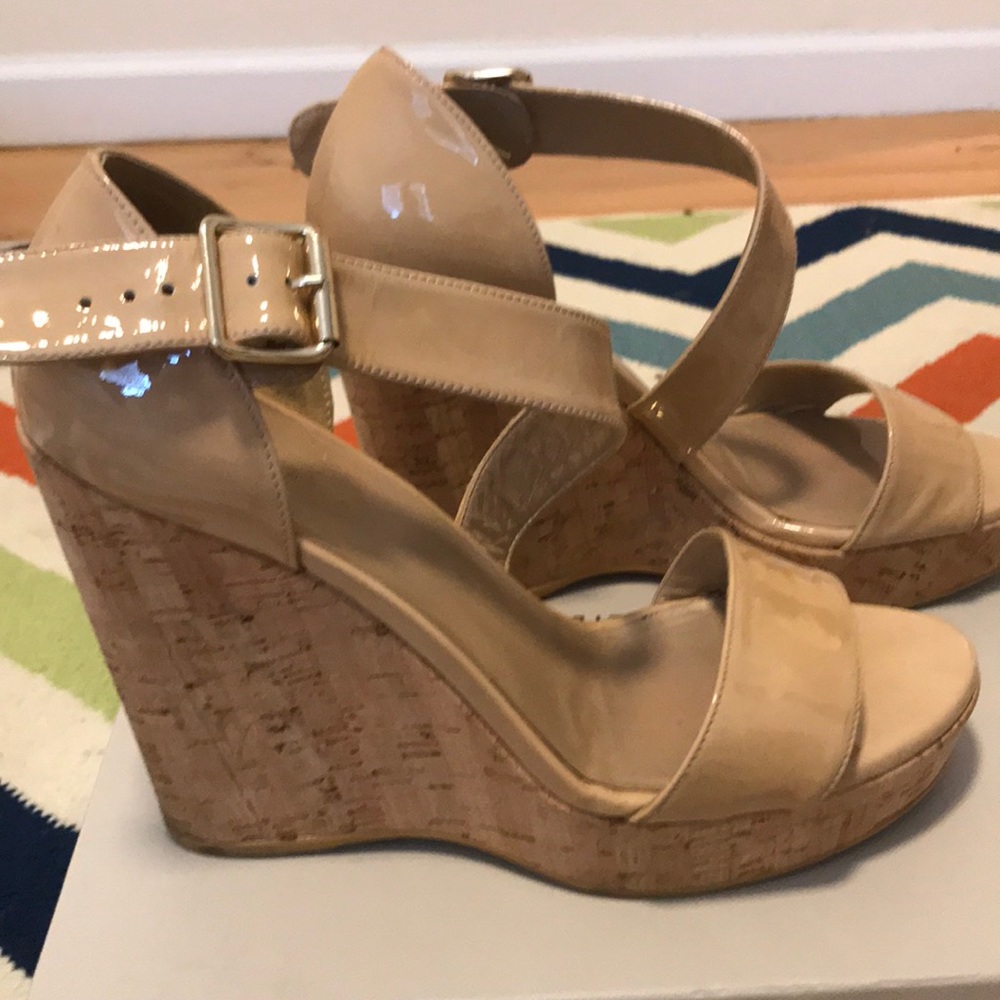 Stuart Weitzman cork and patent leather wedges